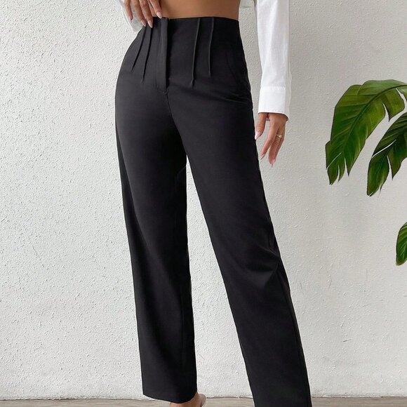 Black Preppy Womens Solid Fold Pleated Straight Leg Pants - Picture 3 of 5